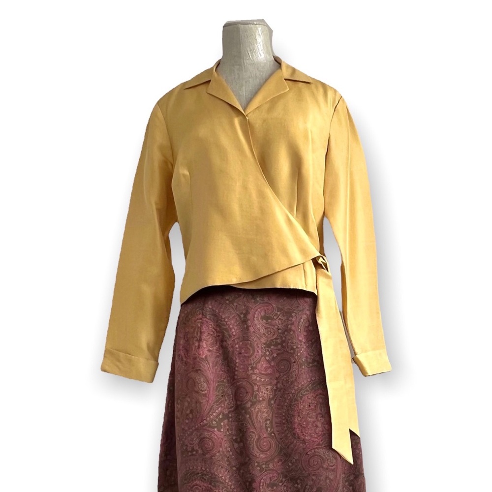 Allison Taylor Petite Gold Silk Collared Cross-Front Tie-Belt Wrap Top 10 Petite